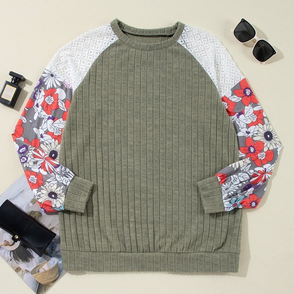 Tops - Laurel Green Floral Patchwork Long Sleeve Ribbed Blouse